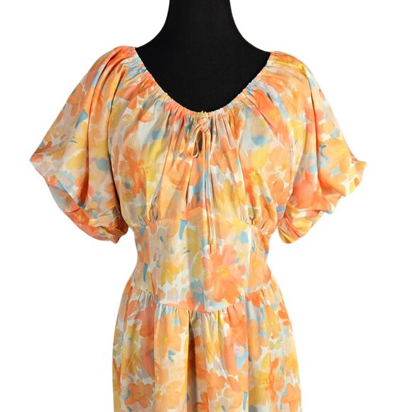 NWT Orange Yellow Watercolor Floral Print Tie-Waist Puff Sleeve Maxi Dress Large - Picture 4 of 6
